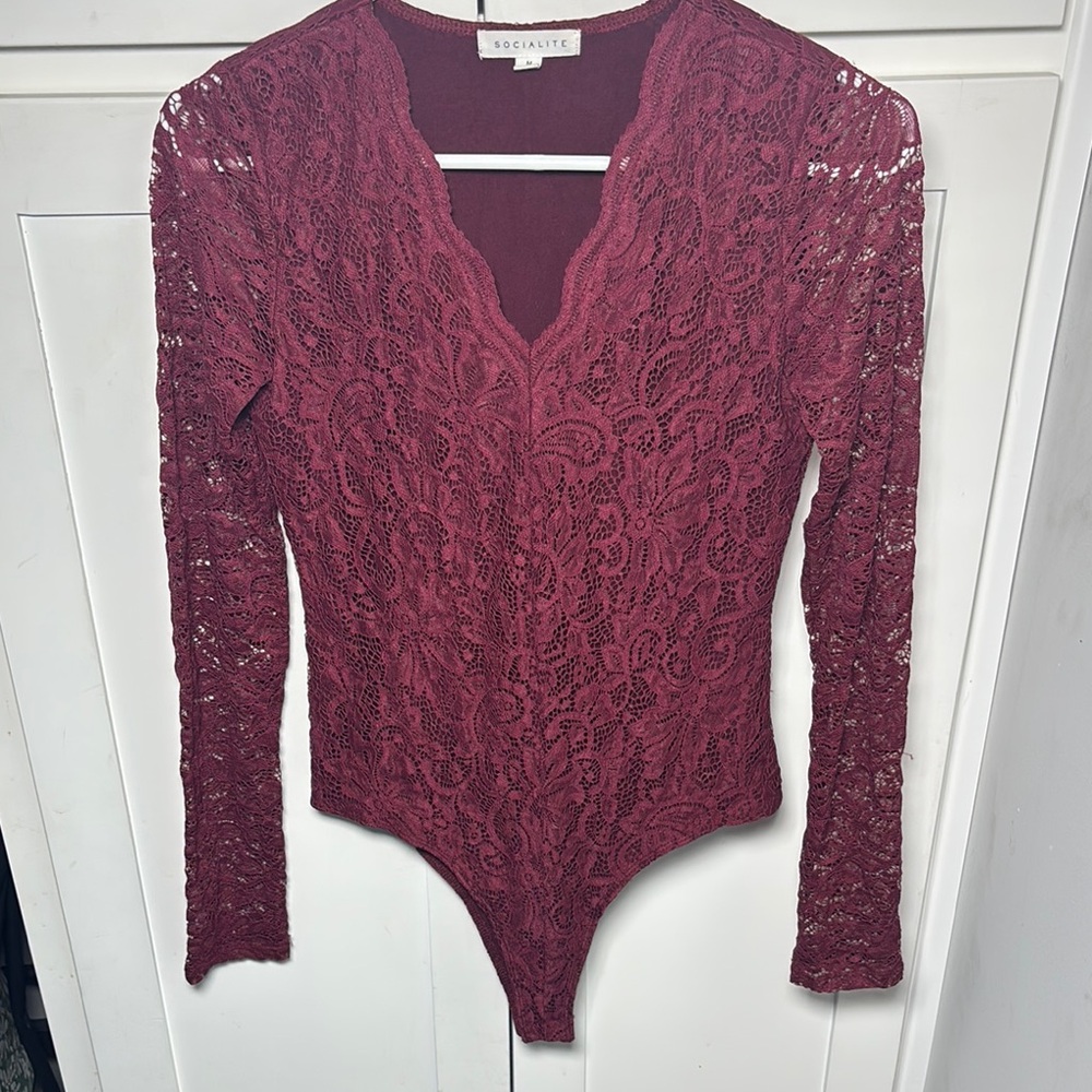 Socialite Red Lace Long Sleeve Bodysuit